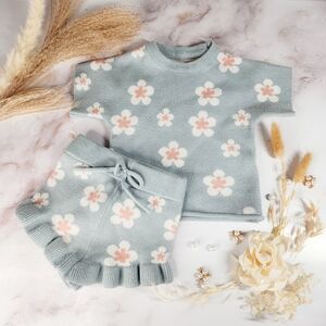 Floral Knit Baby Set in Blue, White, Blush, Size 12 Mo